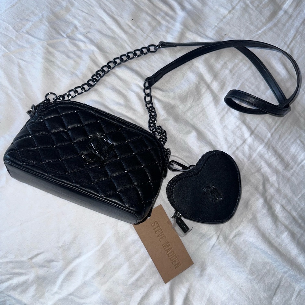 Steve Madden Black Quilted Crossbody with Heart Coin Pouch